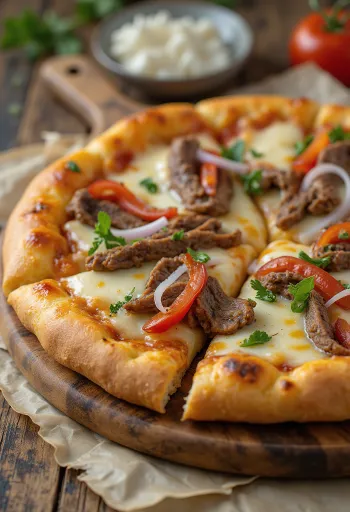 Philly cheesesteak pizza với các lát bít tết và ớt chuông