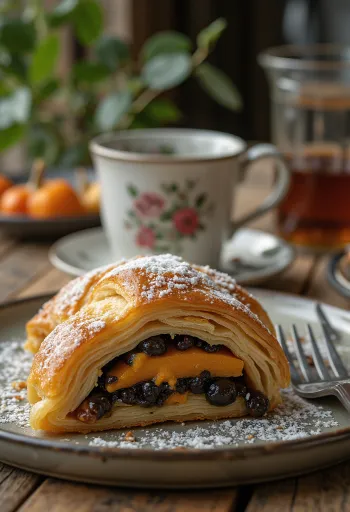 Bánh Strudel bí ngô hạt anh túc nướng vàng, rắc đường bột