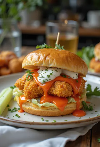 Burger gà Buffalo với lớp vỏ giòn và sốt cay