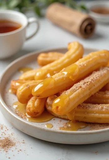 Churros với mật ong, churros vàng nâu phục vụ cùng sốt mật ong