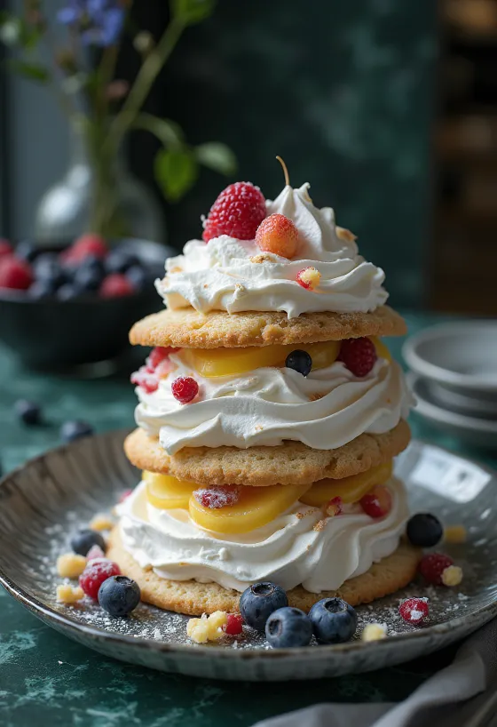 Bánh Pavlova trang trí với trái cây