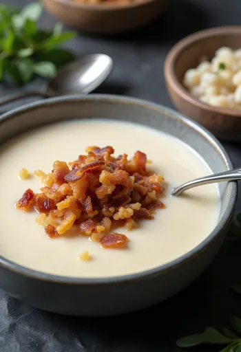 Súp kem súp lơ trắng thịt xông khói được bày ra đĩa