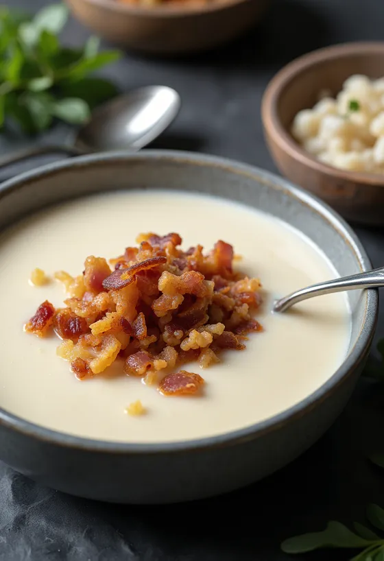 Súp kem súp lơ trắng thịt xông khói được bày ra đĩa