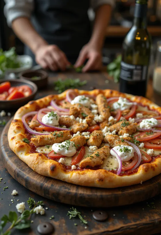 Pizza gyros với gà nướng, phô mai feta và sốt tzatziki