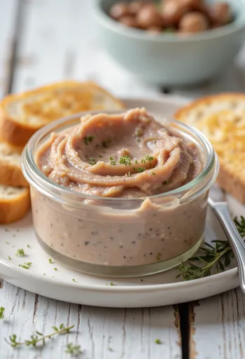 Pate gan mịn màng phết lên lát bánh mì tươi, trang trí với thảo mộc.