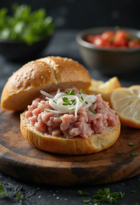 Mettbrötchen, thịt heo sống trên bánh mì tròn với hành tây