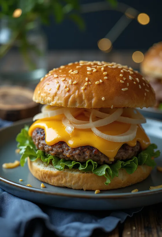 Hamburger phô mai cheddar với thịt bò mọng nước và phô mai cheddar tan chảy