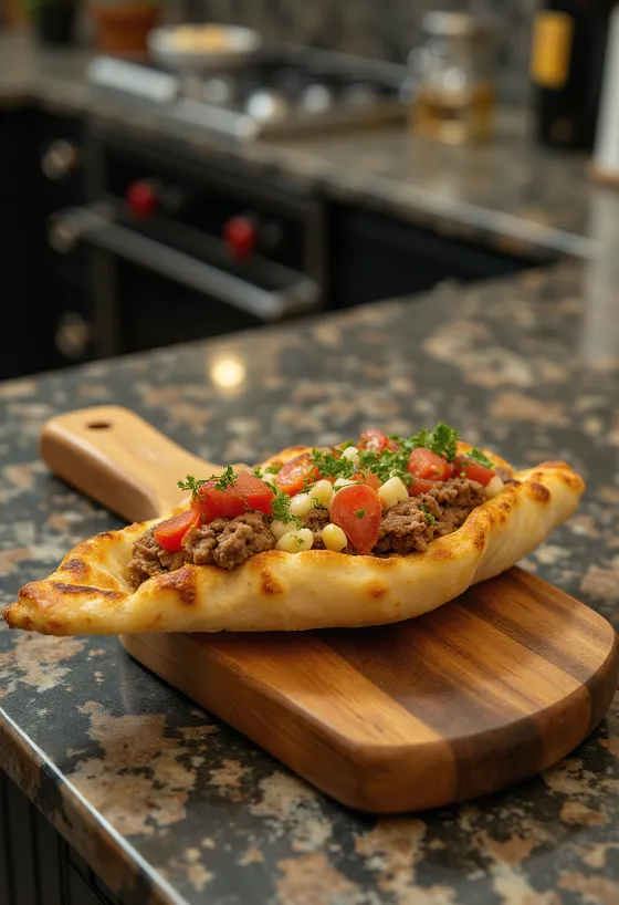 Pide bánh mì dẹt Thổ Nhĩ Kỳ nhân thịt xay, phô mai, nướng giòn, phục vụ với salad