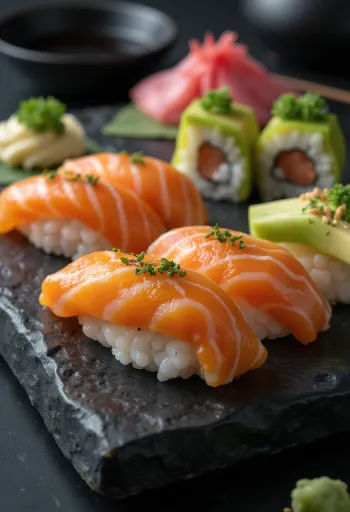 Sushi maki cuộn chặt tay với nhân cá hồi và bơ tươi