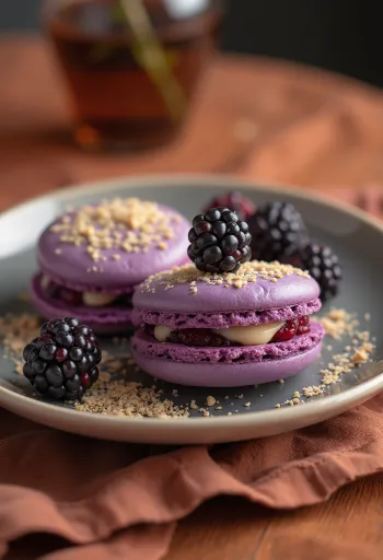 Macaron kem mâm xôi đen hạnh nhân
