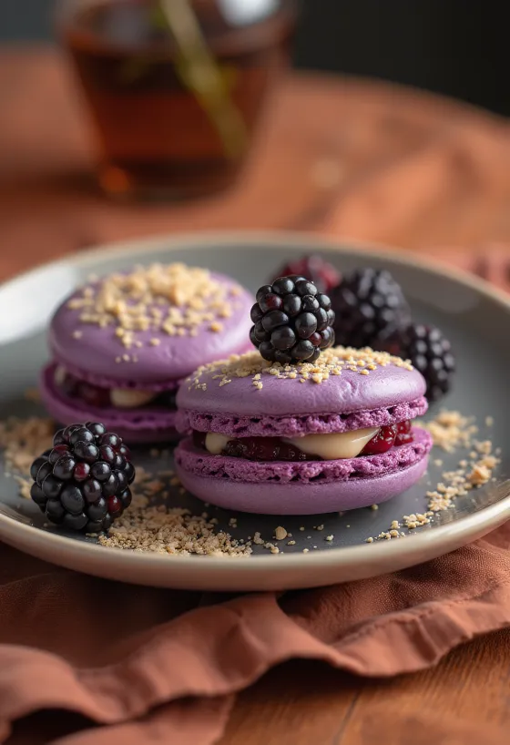 Macaron kem mâm xôi đen hạnh nhân