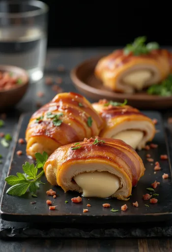 Ức gà cuộn phô mai bọc thịt xông khói, ăn kèm salad và khoai tây nướng