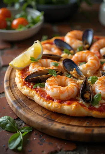 Pizza hải sản thêm tôm bày ra đĩa