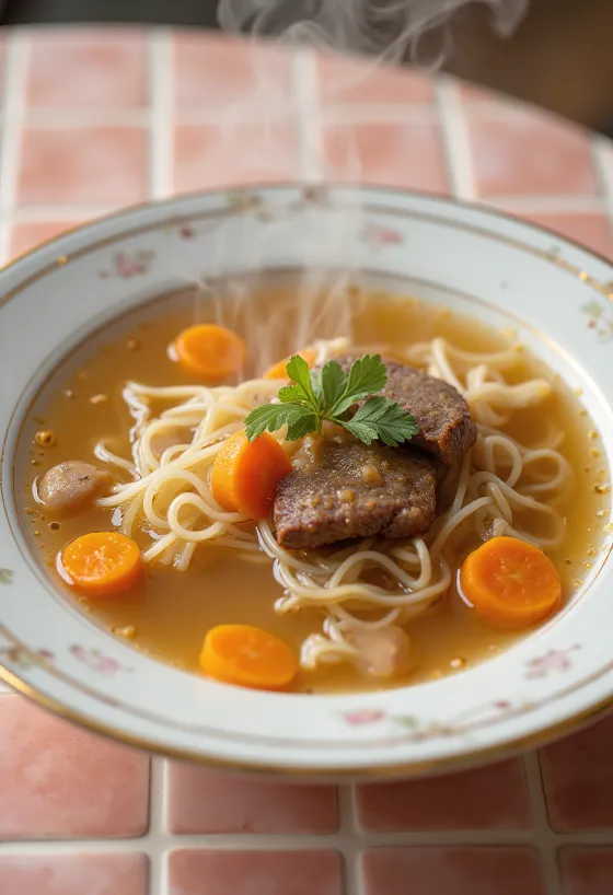 Súp thịt phục vụ với rau củ tươi và mì sợi