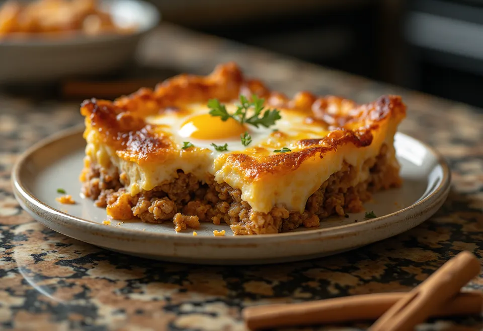 Moussaka gia vị, với các lớp thịt và phô mai