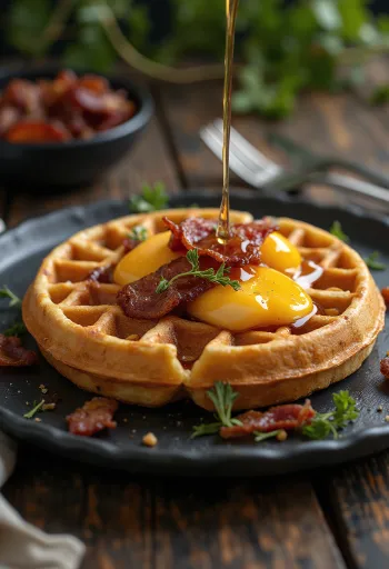 Bánh waffle thịt xông khói được bày biện