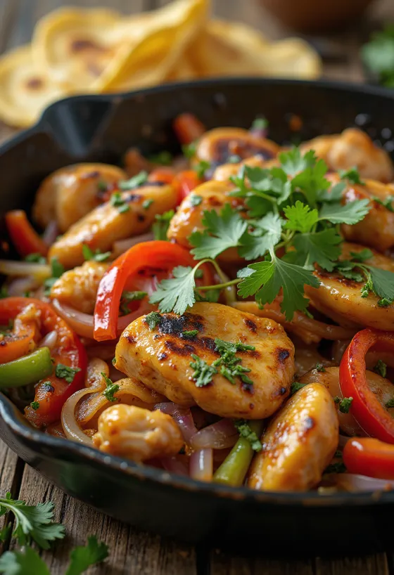 Fajitas ức gà rau củ, phục vụ với rau mùi tươi