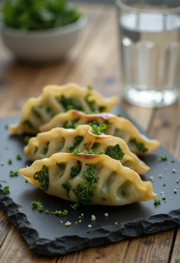 Gyoza cải xoăn với phần đế giòn rụm được phục vụ cùng bát nước tương