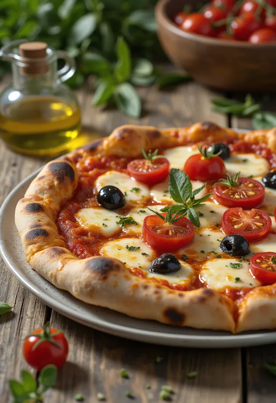 Pizza alla Barese với cà chua và ô liu đen