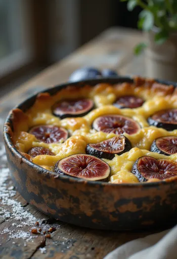 Clafoutis sung tươi, vàng nâu, đã dọn ra