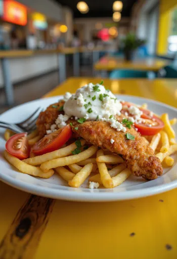 Suất ăn Gyros với gà nướng, rau tươi, sốt tzatziki và khoai tây chiên