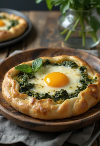 Khachapuri với rau bó xôi, bánh mì phô mai vàng ruộm với rau bó xôi tươi