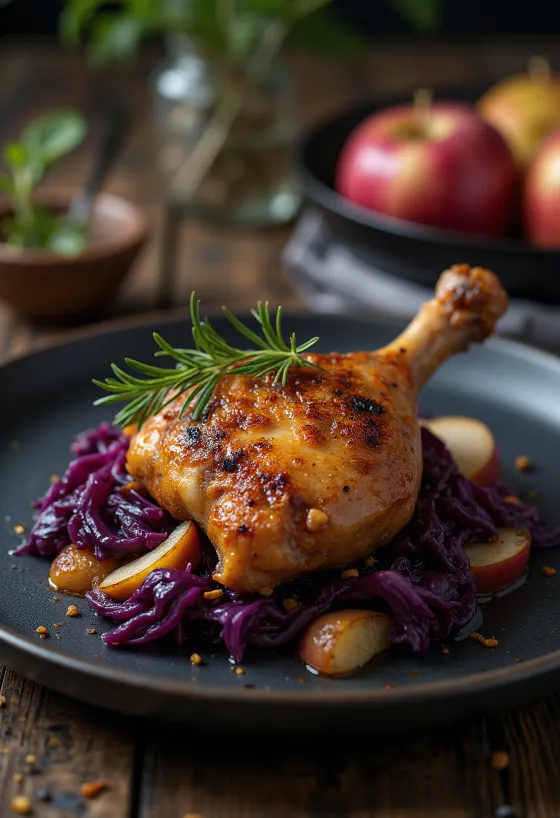 Đùi vịt nướng với bắp cải táo được phục vụ