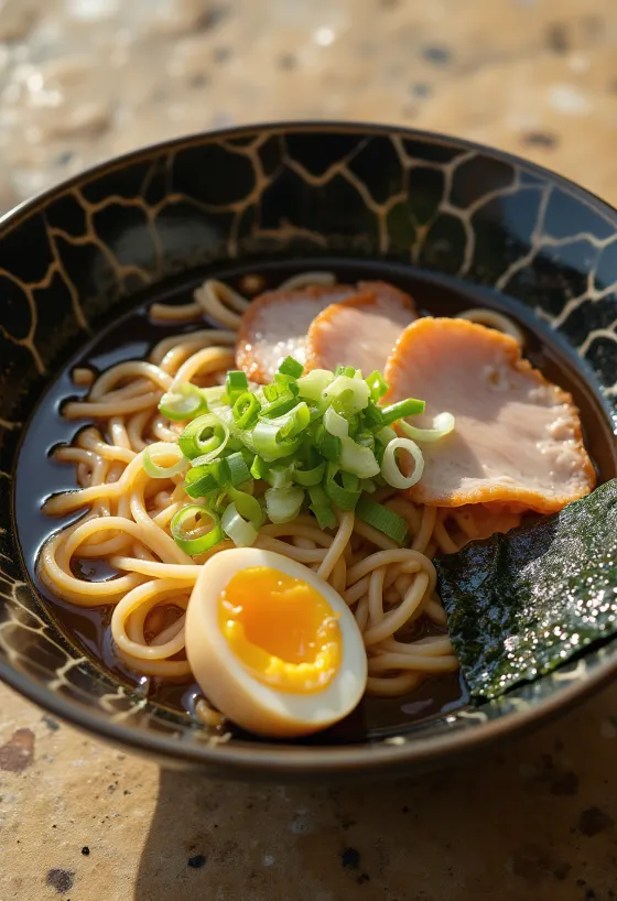 Ramen Asahikawa với nước dùng cá và heo, thịt chashu và trứng