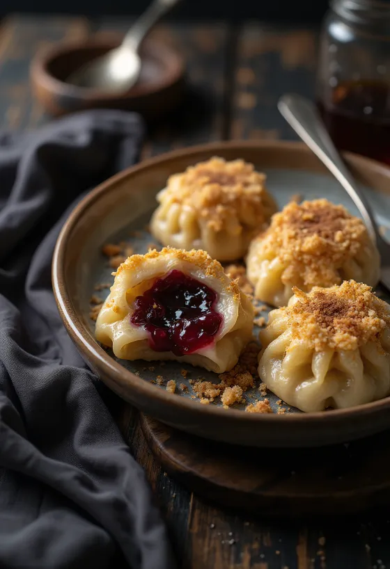 Viên khoai tây nhân mứt cắt đôi để lộ phần nhân