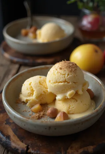 Kem bánh quả mộc qua được bày biện với quế và vỏ bánh nướng giòn