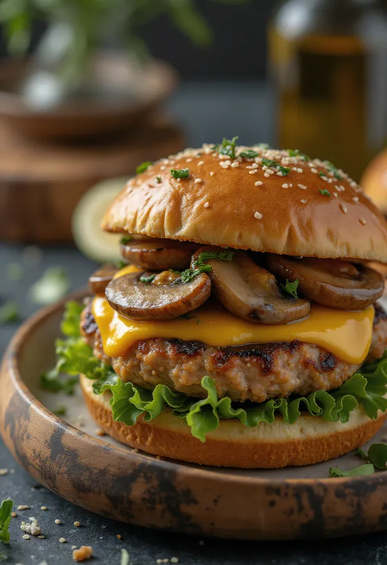 Hamburger gà nấm với gà nướng và nấm xào