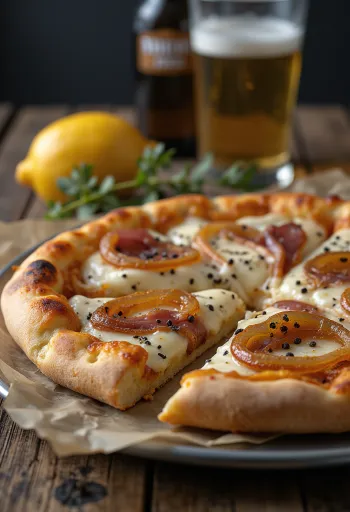 Pizza Alsacienne với kem chua, hành tây và thịt xông khói