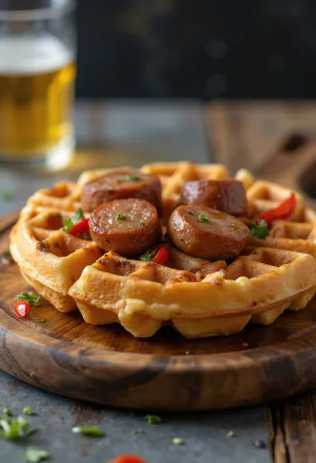 Bánh Waffle mặn kiểu Hungary với các miếng xúc xích và ớt đỏ