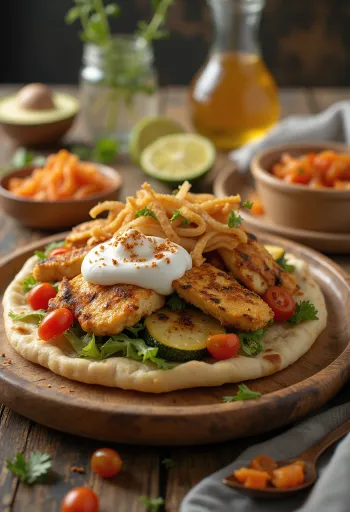 Gyros Fusion Hy Lạp với bánh mì Naan, thịt nướng, rau củ nướng, tzatziki cà ri và kimchi