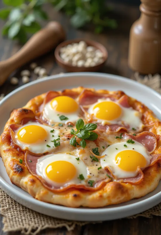 Pizza Bismark với trứng và giăm bông