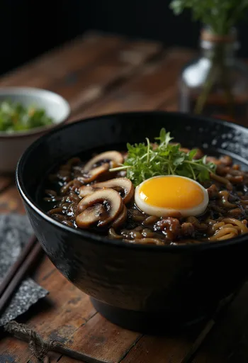 Ramen tỏi đen được phục vụ trong tô sành