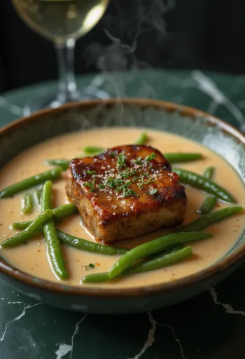 Sườn hun khói với rau hầm đậu cô ve được phục vụ