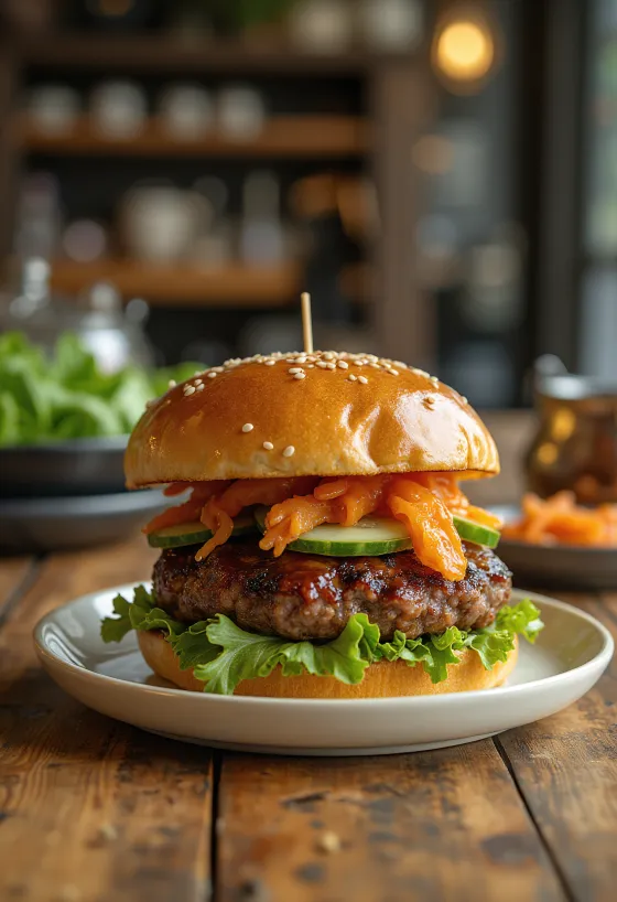 Bulgogi hamburger dọn kèm xà lách và kim chi