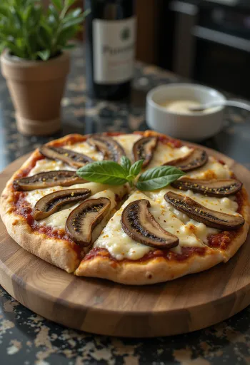 Pizza nấm Porcini với cỏ xạ hương tươi và parmesan