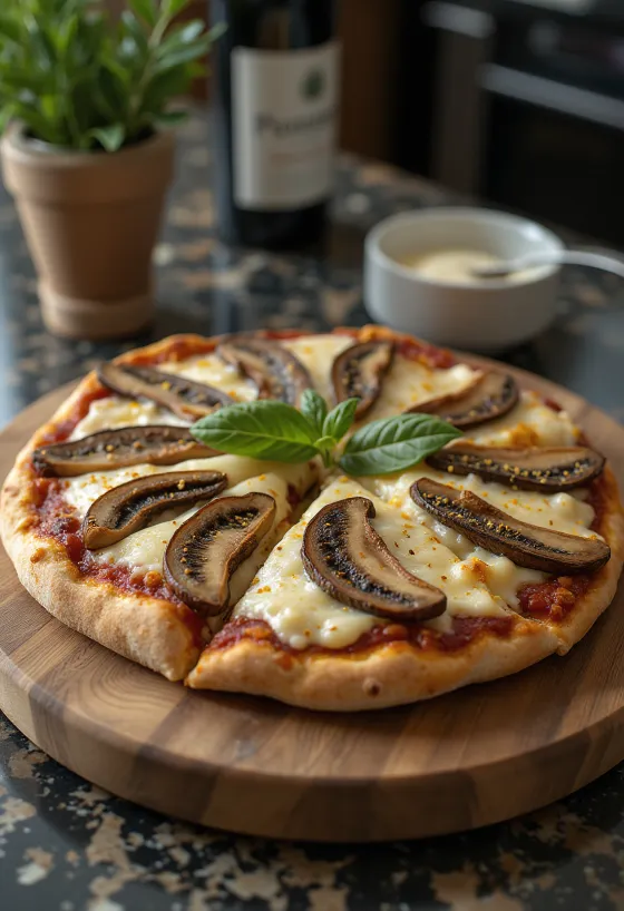 Pizza nấm Porcini với cỏ xạ hương tươi và parmesan