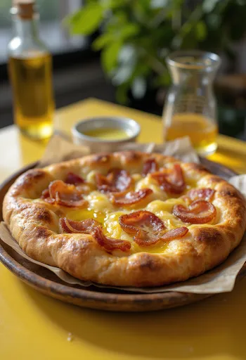Focaccia thịt xông khói và hành tím được dọn ra