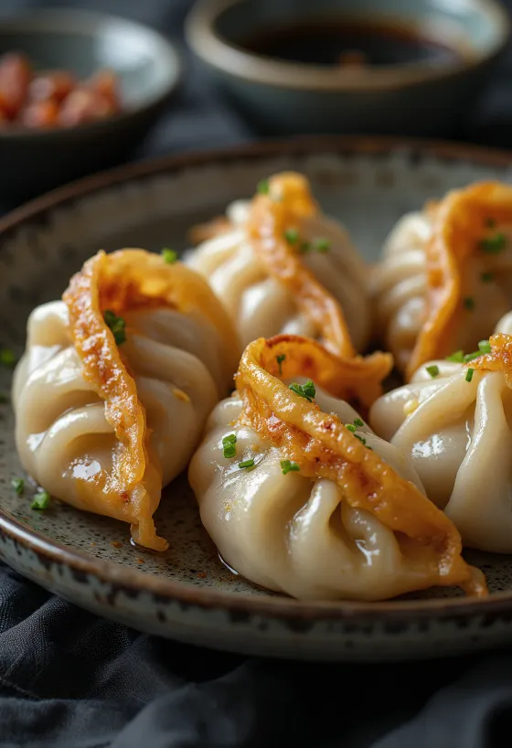 Gyoza xá xíu được phục vụ với sốt BBQ trên đĩa