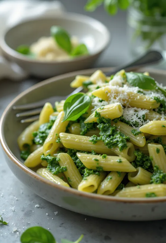 Mì Ý rau chân vịt béo ngậy rắc phô mai Parmesan tươi, bày trên đĩa trắng.