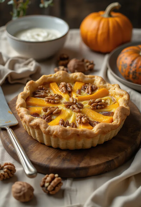 Bánh quiche bí đỏ nướng và quả óc chó cắt lát
