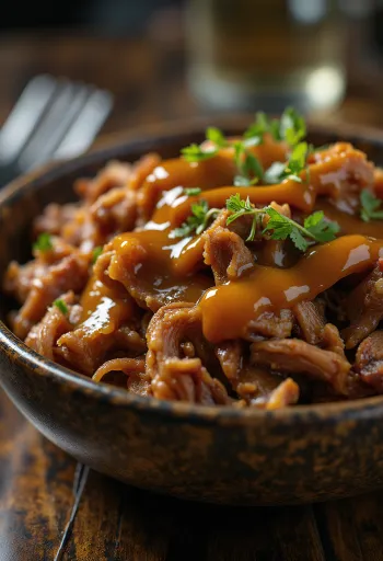 Thịt heo xé hun khói BBQ sốt mù tạt được bày biện