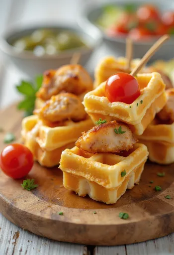 Xiên bánh waffle mặn với gà nướng và cà chua