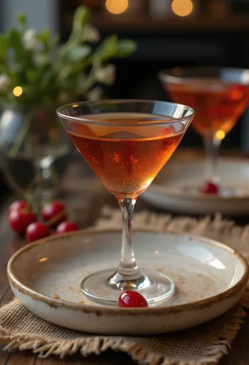 Cocktail Manhattan trang trí với quả anh đào ngâm và vỏ cam