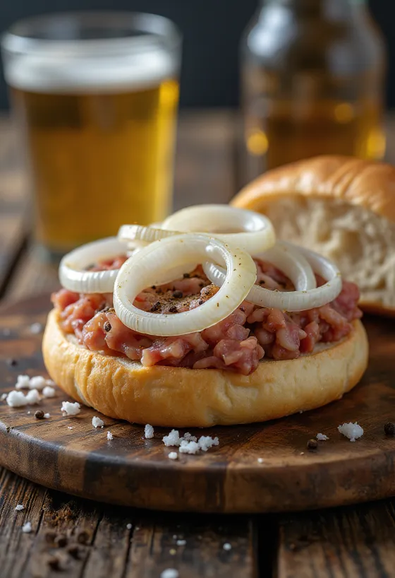 Mettbrötchen được phục vụ với hành tây tươi