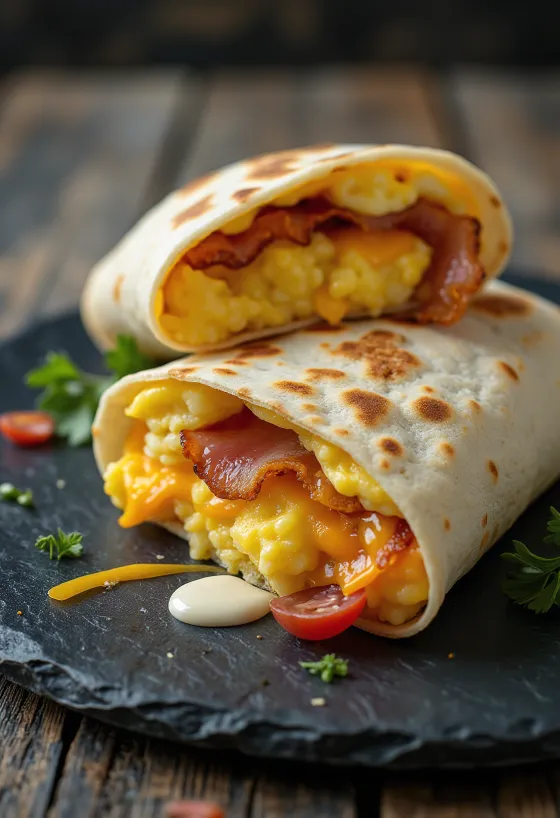 Bánh cuộn ăn sáng với trứng, thịt xông khói, xà lách và phô mai, cuộn trong vỏ tortilla, cắt đôi theo đường chéo
