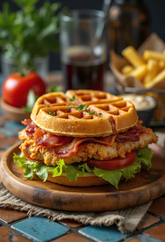 Bánh waffle Club sandwich mới nướng với gà nướng và thịt xông khói